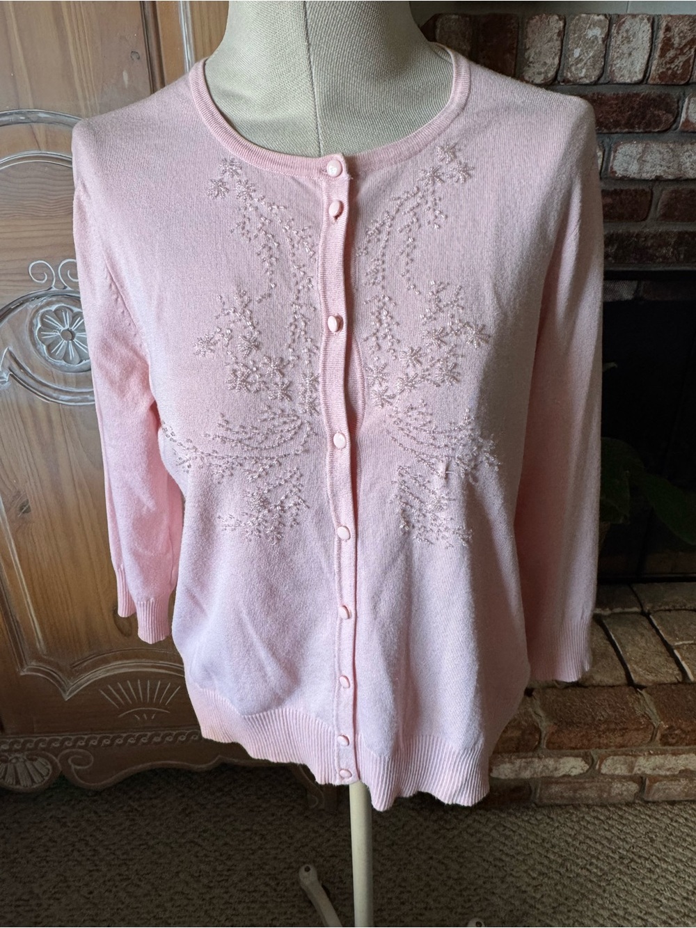 Cable & Gauge Light Pink Embroidered Button-Front Cardigan